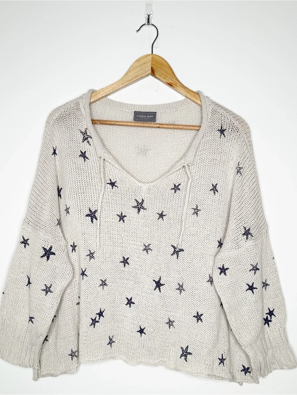 Wooden Ships Mini Starfish Knit V-Neck Sweater Cream Blue Size S/M - Picture 2 of 11